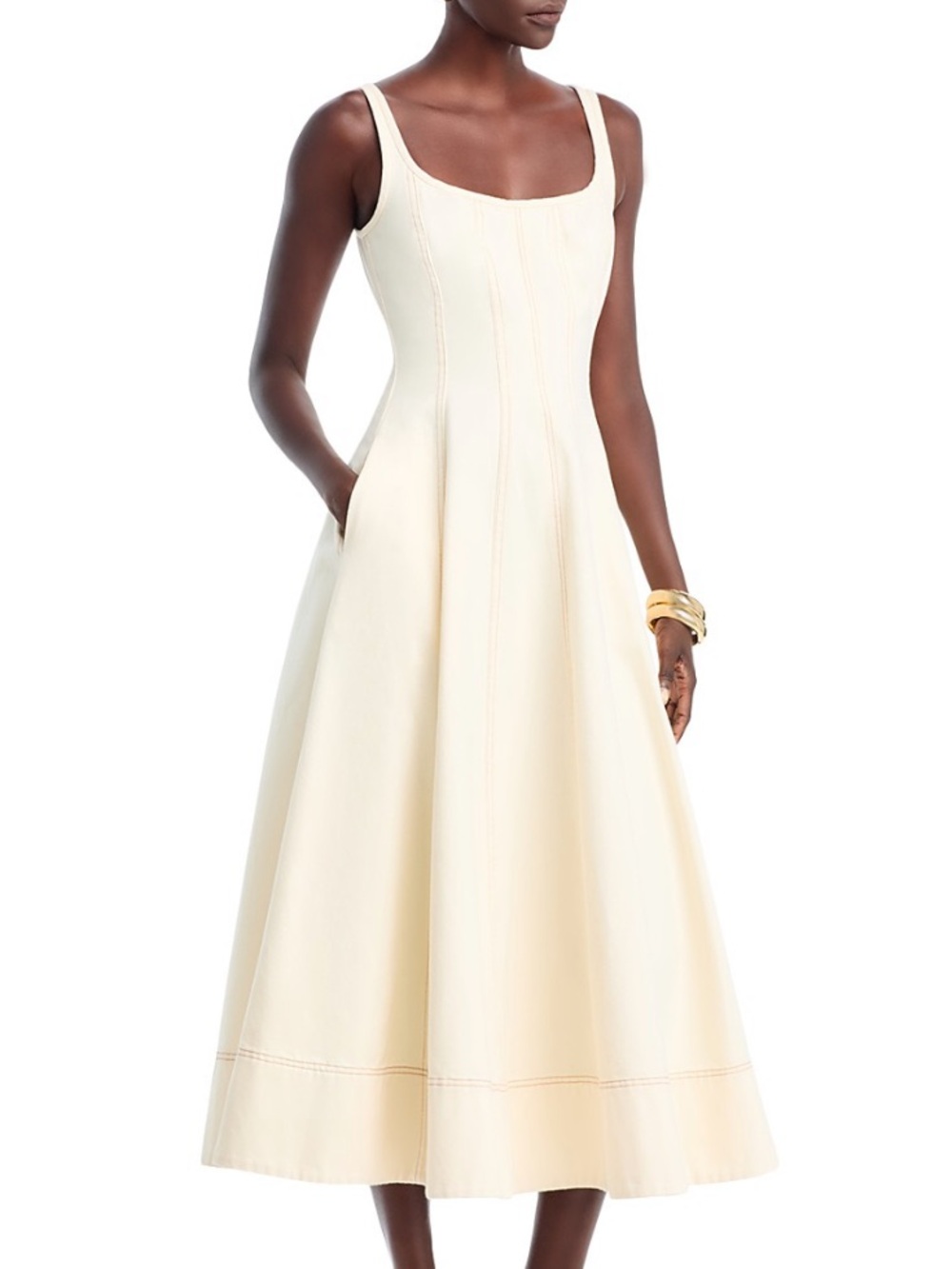 TOCCIN
Sculpted Midi Dress 
Color: Ivory
SIZE: 12 
Elegant Cream Scoop-Neck